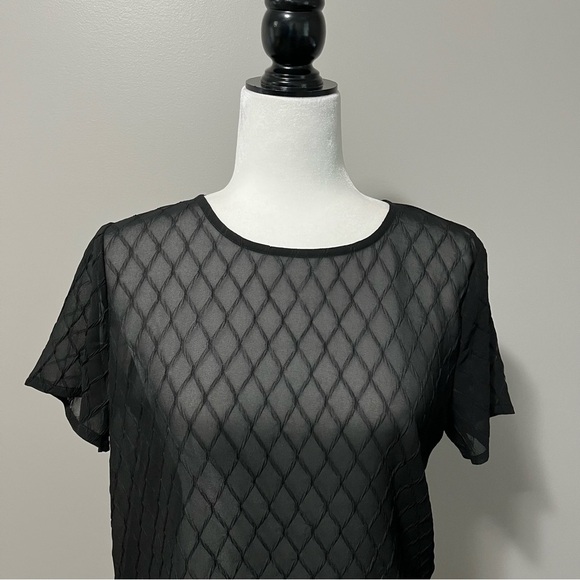 Soaked in Luxury Black Sheer Diamond Pattern Short Sleeve Rounded Collar Top - Picture 3 of 10